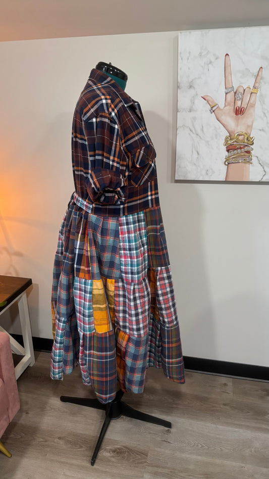 Upcycled Men’s Shirt Patchwork Duster • One of a Kind Plaid Dress