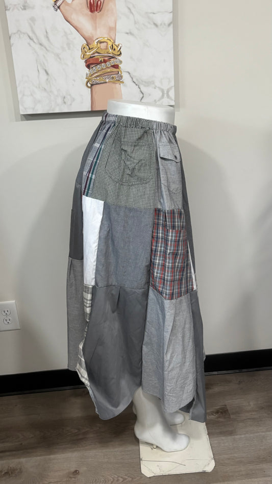 Upcycled Men’s Shirt Patchwork Maxi Skirt | Boho Cottagecore Skirt | One-of-a-Kind Sustainable Fashion