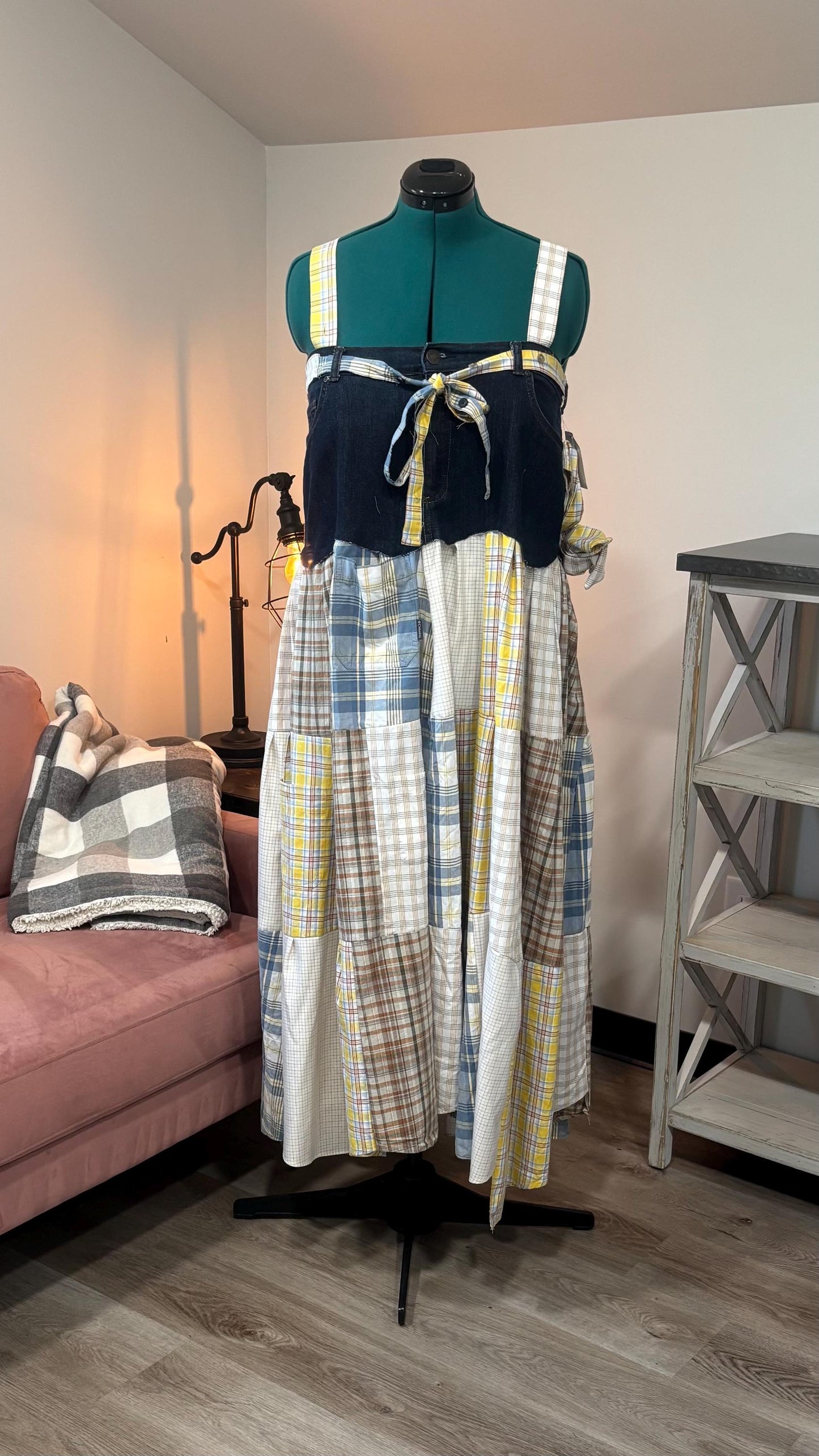 Patchwork Maxi Dress – Upcycled Denim & Dress Shirt Fabric (One of a Kind)