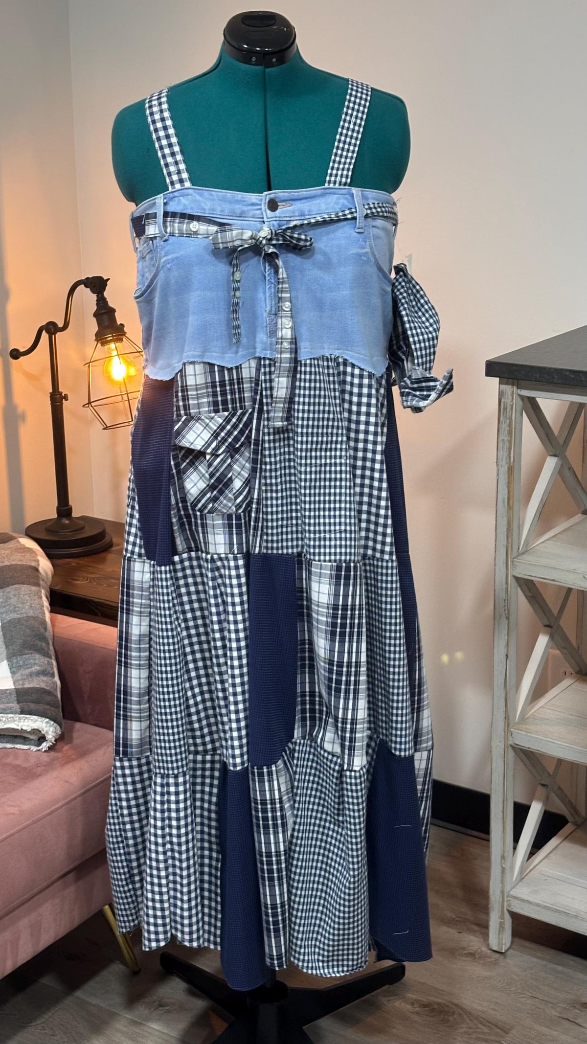 Patchwork Maxi Dress – Upcycled Denim & Dress Shirt Fabric (One of a Kind)