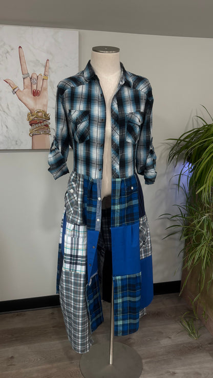 Upcycled Men’s Shirt Patchwork Duster • One of a Kind Plaid Dress