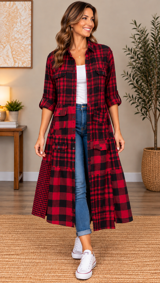 Upcycled Flannel Shirt Patchwork Duster | One of a Kind Plaid Dress