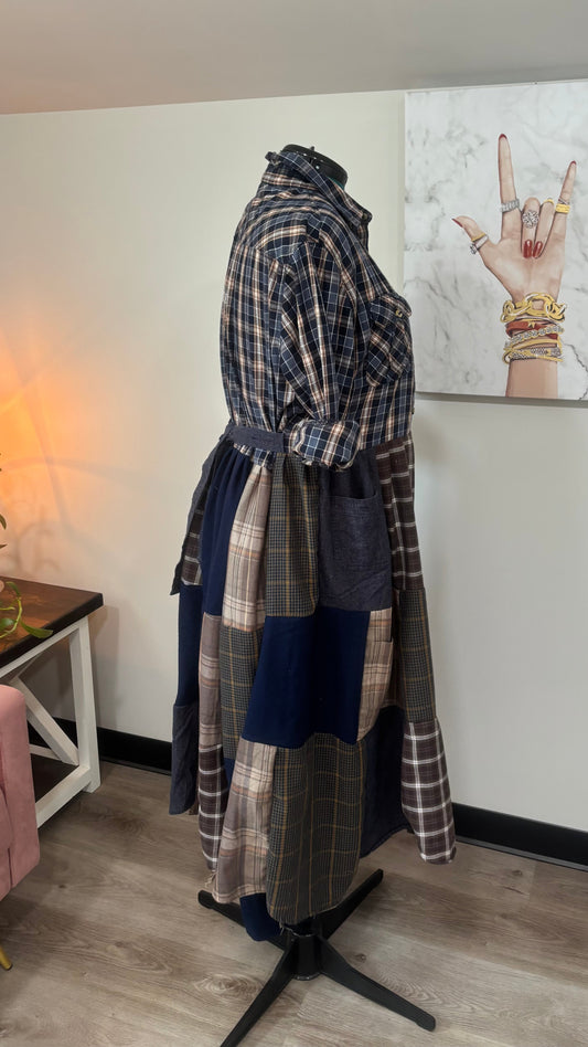 Upcycled Men’s Shirt Patchwork Duster • One of a Kind Plaid Dress