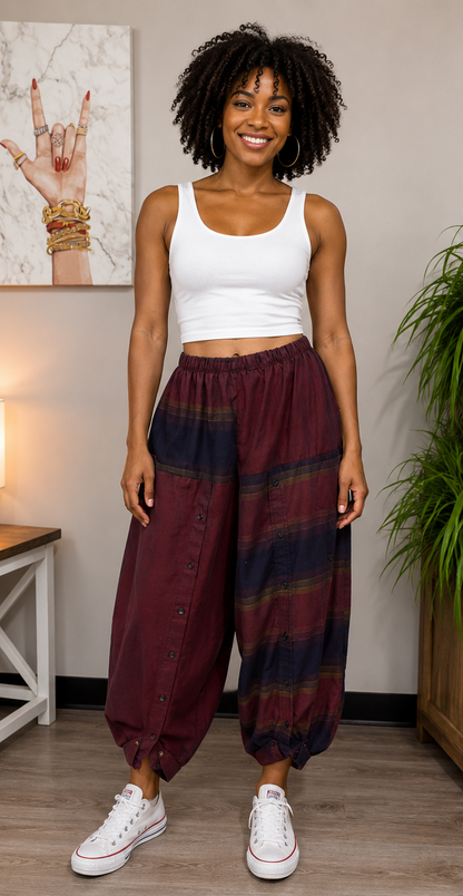 Upcycled Men’s Shirt Balloon Pants | Handmade Boho Pants | Sustainable Lounge Pants | One of a Kind Patchwork Pants