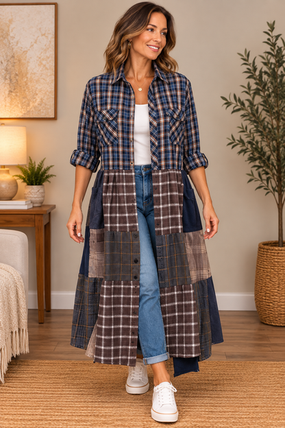 Upcycled Men’s Shirt Patchwork Duster • One of a Kind Plaid Dress