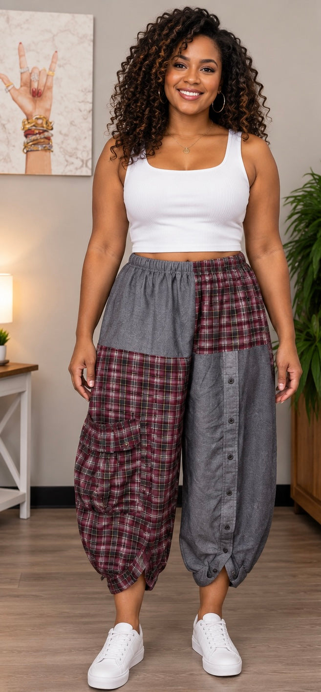 Upcycled Men’s Shirt Balloon Pants | Handmade Boho Pants | Sustainable Lounge Pants | One of a Kind Patchwork Pants