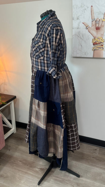 Upcycled Men’s Shirt Patchwork Duster • One of a Kind Plaid Dress