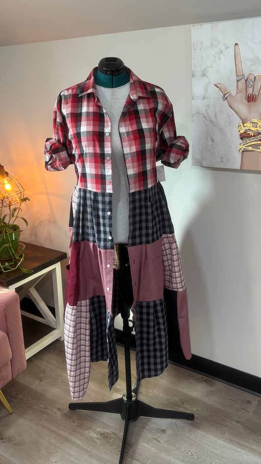 Upcycled Men’s Shirt Patchwork Duster • One of a Kind Plaid Dress