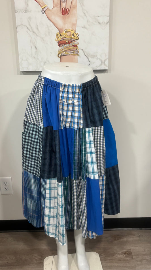 Upcycled Men’s Shirt Patchwork Maxi Skirt | Boho Cottagecore Skirt | One-of-a-Kind Sustainable Fashion