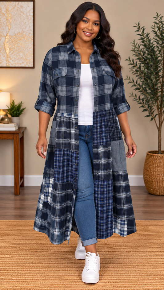 Upcycled Flannel Shirt Patchwork Duster | One of a Kind Plaid Dress