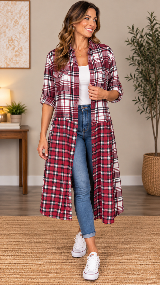 Upcycled Flannel Duster, Plaid Shirt Jacket