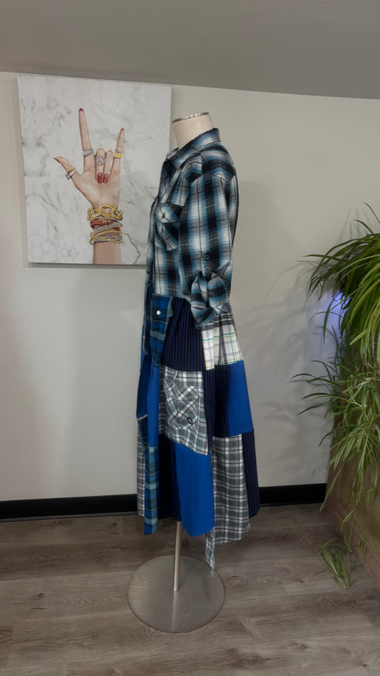 Upcycled Men’s Shirt Patchwork Duster • One of a Kind Plaid Dress