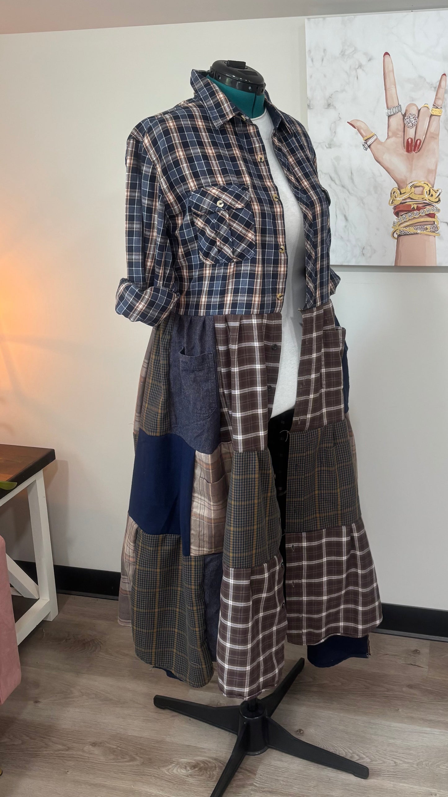 Upcycled Men’s Shirt Patchwork Duster • One of a Kind Plaid Dress