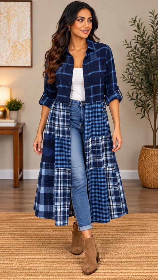 Upcycled Flannel Shirt Patchwork Duster | One of a Kind Plaid Dress