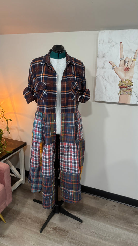 Upcycled Men’s Shirt Patchwork Duster • One of a Kind Plaid Dress