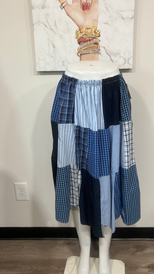 Upcycled Men’s Shirt Patchwork Maxi Skirt | Boho Cottagecore Skirt | One-of-a-Kind Sustainable Fashion