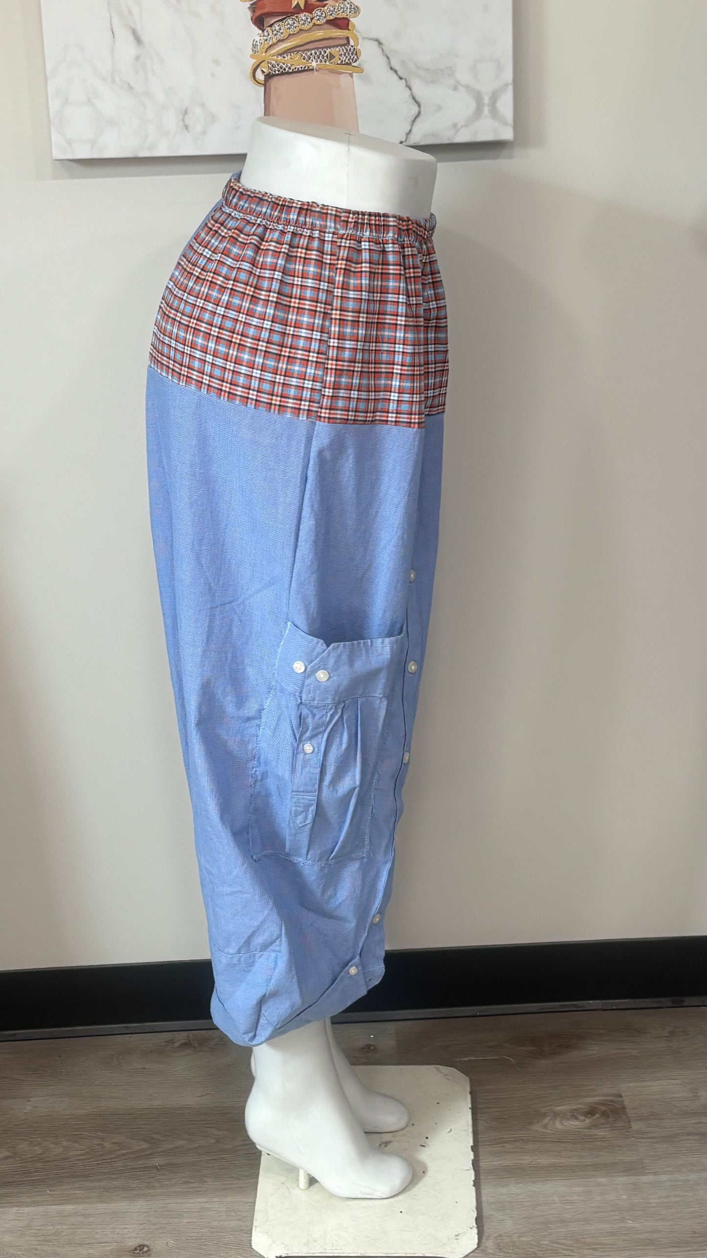 Upcycled Men’s Shirt Balloon Pants | Handmade Boho Pants | Sustainable Lounge Pants | One of a Kind Patchwork Pants
