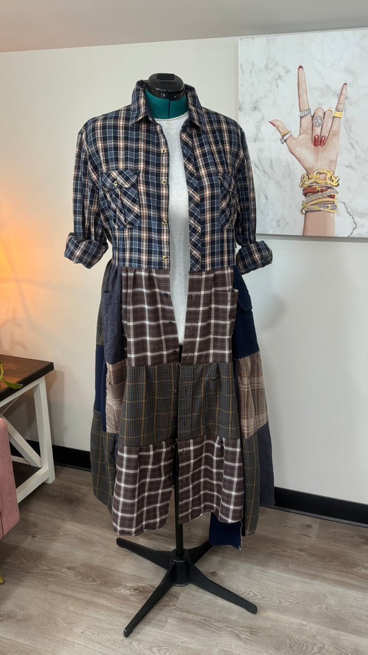 Upcycled Men’s Shirt Patchwork Duster • One of a Kind Plaid Dress