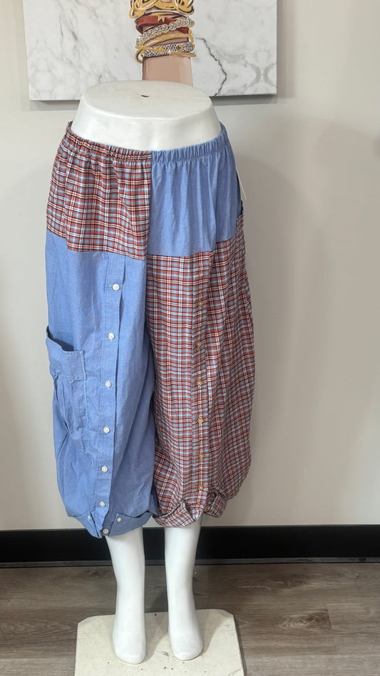 Upcycled Men’s Shirt Balloon Pants | Handmade Boho Pants | Sustainable Lounge Pants | One of a Kind Patchwork Pants