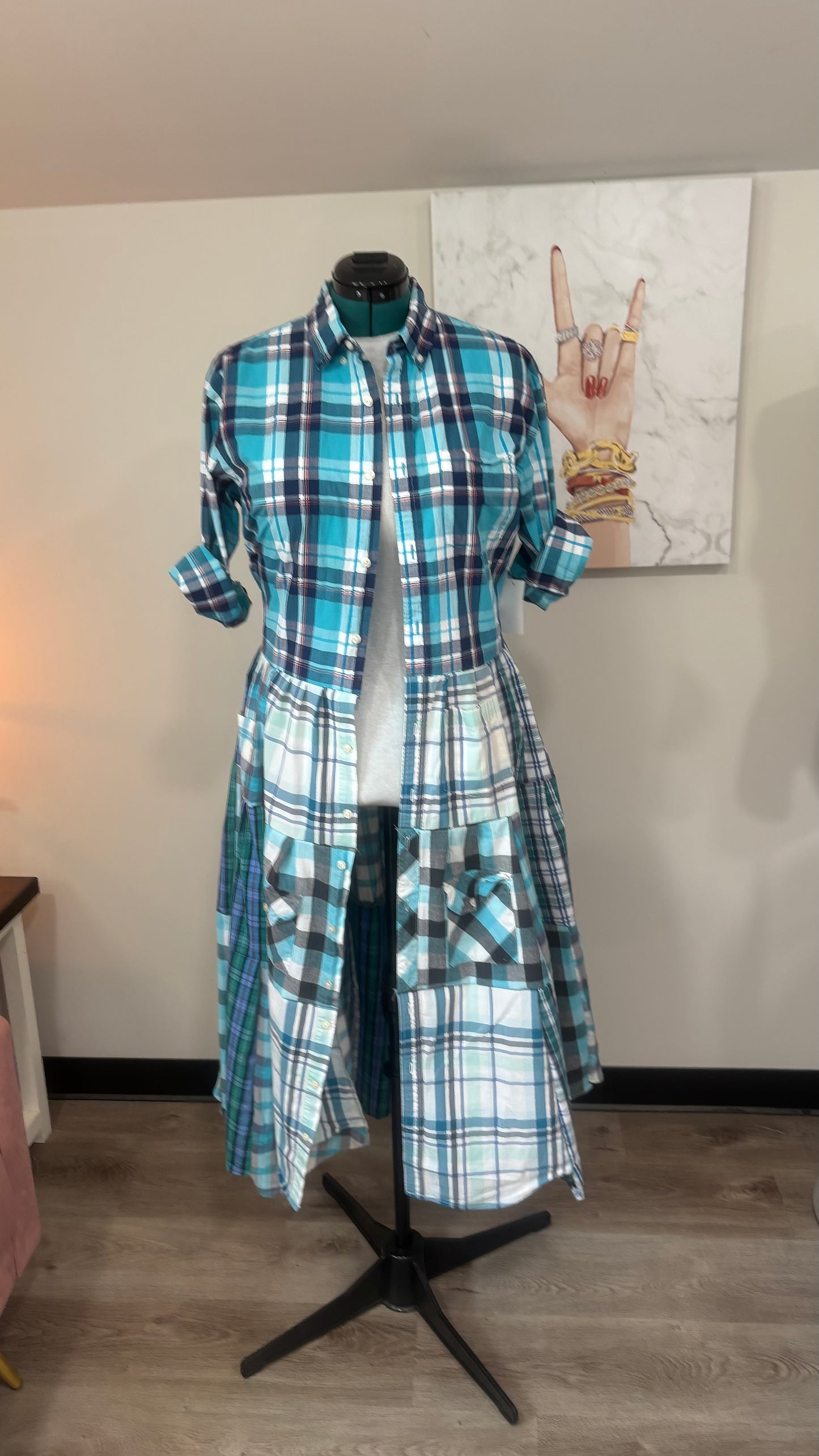 Upcycled Men’s Shirt Patchwork Duster • One of a Kind Plaid Dress