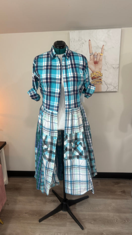 Upcycled Men’s Shirt Patchwork Duster • One of a Kind Plaid Dress
