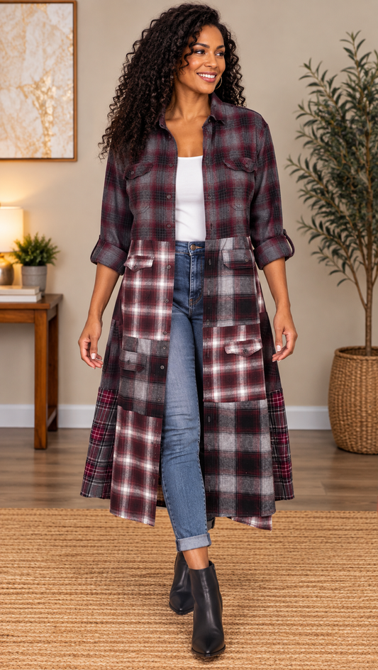 Upcycled Flannel Shirt Patchwork Duster | One of a Kind Plaid Dress