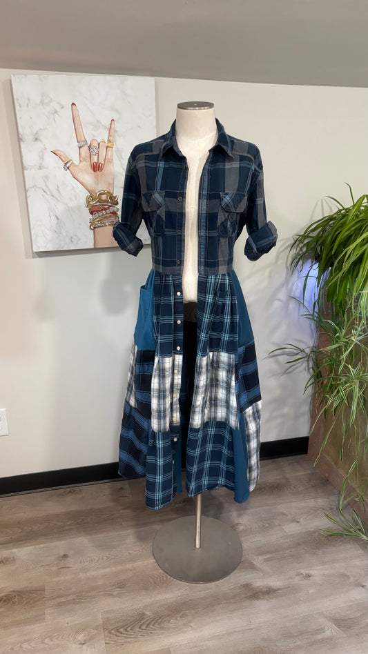 Upcycled Men’s Shirt Patchwork Duster • One of a Kind Plaid Dress