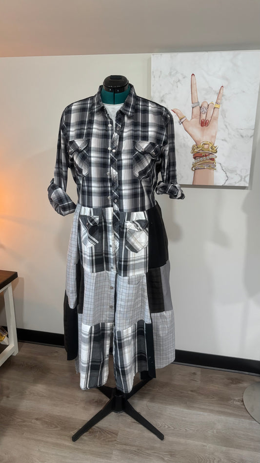 Upcycled Men’s Shirt Patchwork Duster • One of a Kind Plaid Dress