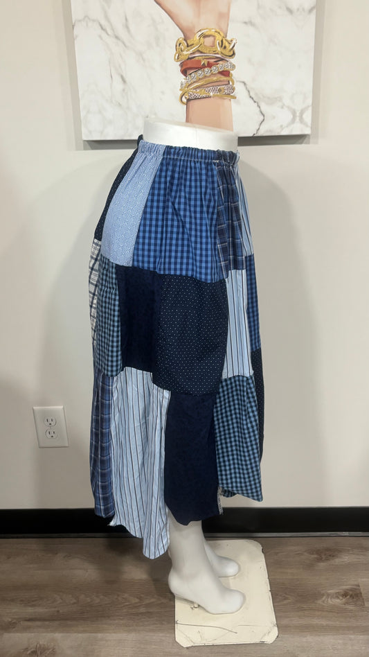 Upcycled Men’s Shirt Patchwork Maxi Skirt | Boho Cottagecore Skirt | One-of-a-Kind Sustainable Fashion