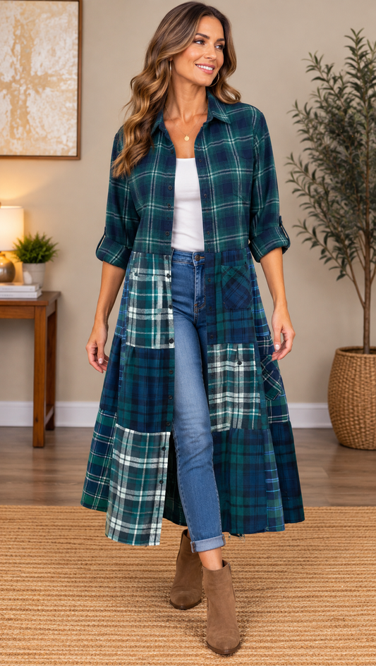 Upcycled Flannel Shirt Patchwork Duster | One of a Kind Plaid Dress