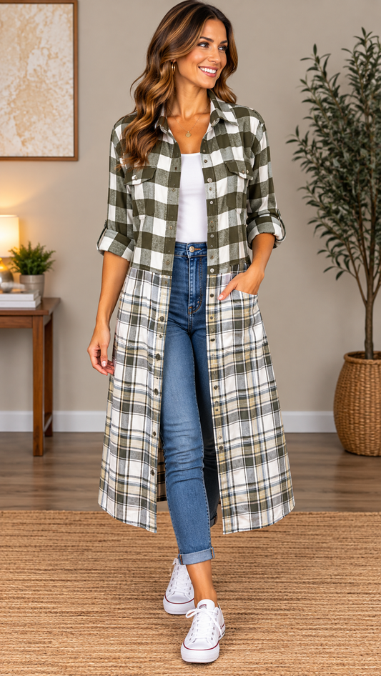 Upcycled Flannel Duster, Plaid Shirt Jacket