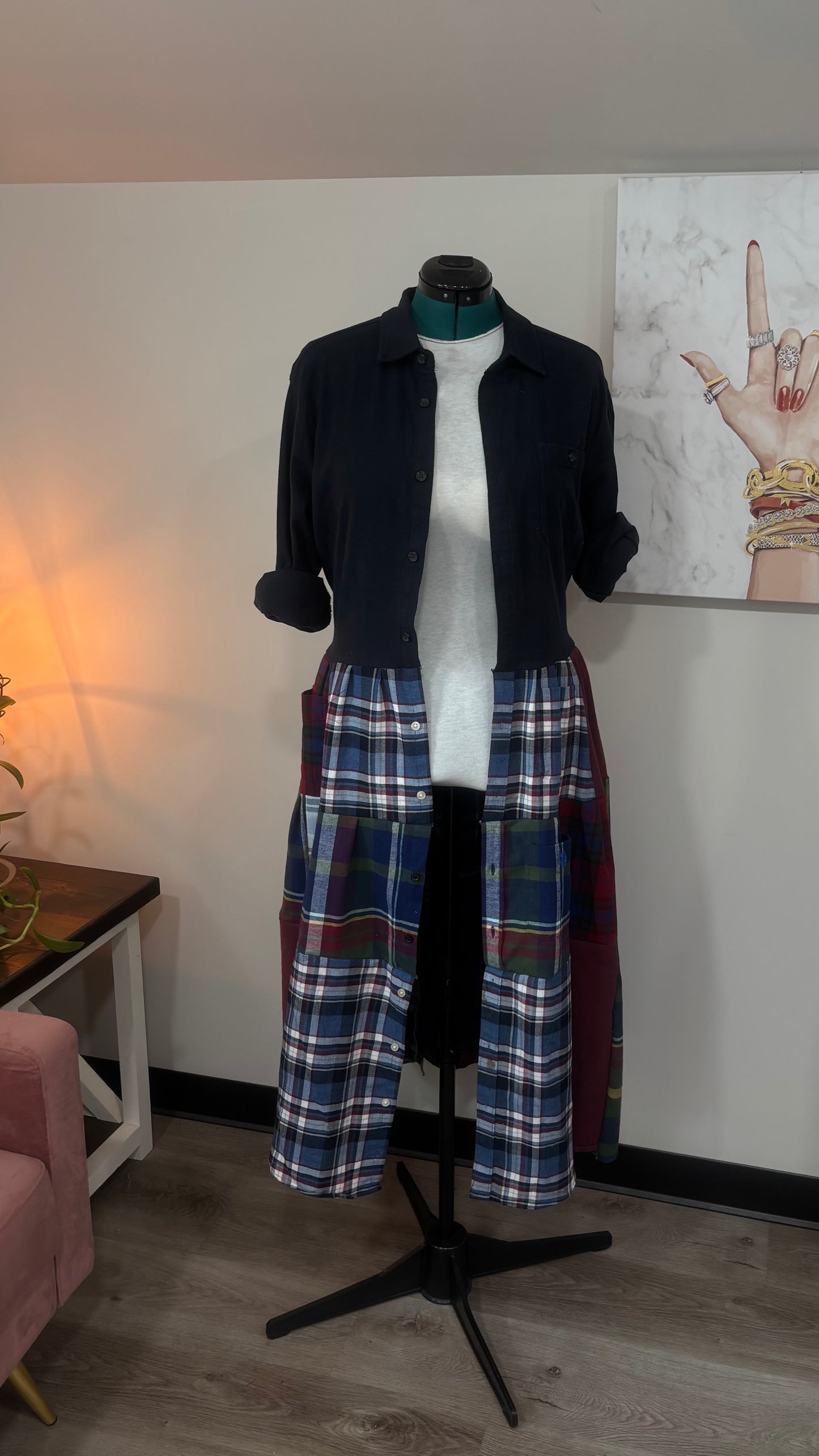 Upcycled Men’s Shirt Patchwork Duster • One of a Kind Plaid Dress