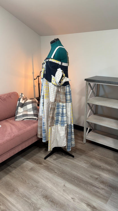 Patchwork Maxi Dress – Upcycled Denim & Dress Shirt Fabric (One of a Kind)