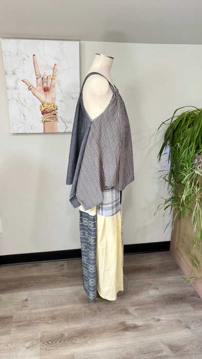Upcycled Patchwork Two Piece Set | Reversible Flowy Top & Wide Leg Pants Made From Mens Shirts