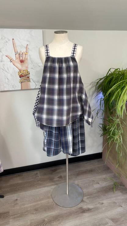 Reversible Upcycled Two Piece Set | Flowy Top, Patchwork Shorts,  Made from Men’s Shirts