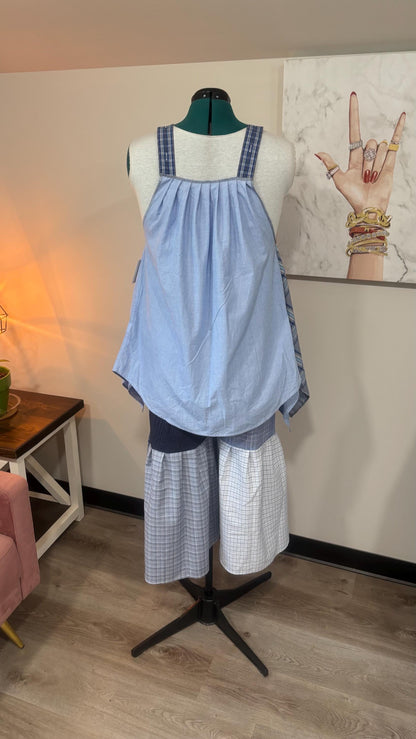Reversible Patchwork Capri Set | Upcycled Men’s Shirts, Wide Leg Pants, Flowy Top
