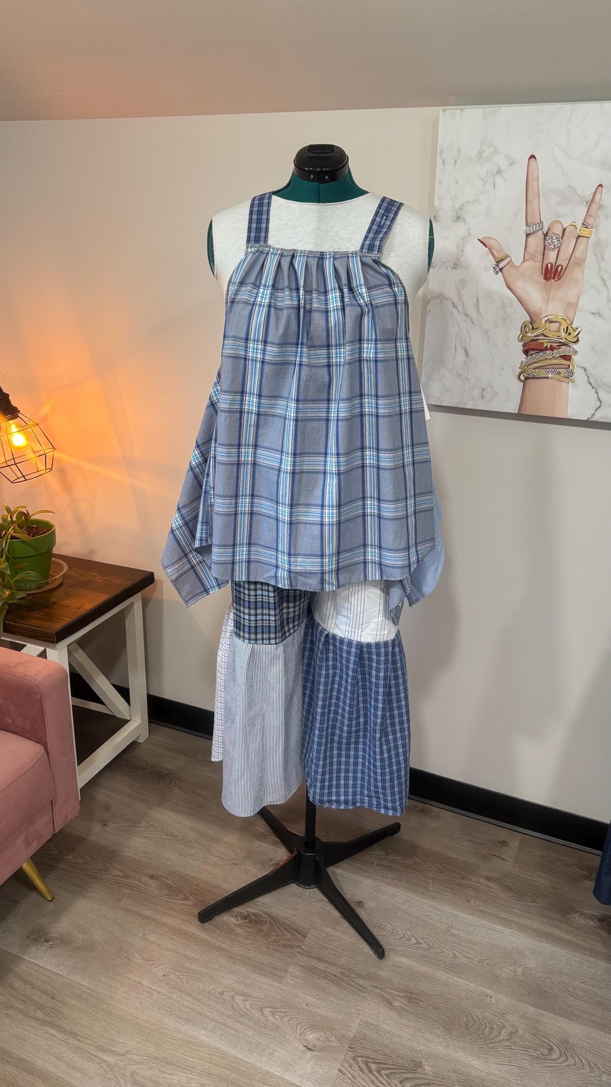 Reversible Patchwork Capri Set | Upcycled Men’s Shirts, Wide Leg Pants, Flowy Top