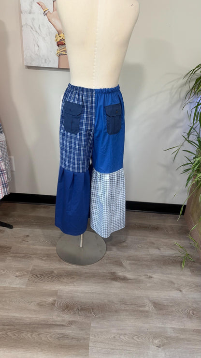 Reversible Patchwork Capri Set | Upcycled Men’s Shirts, Wide Leg Pants, Flowy Top