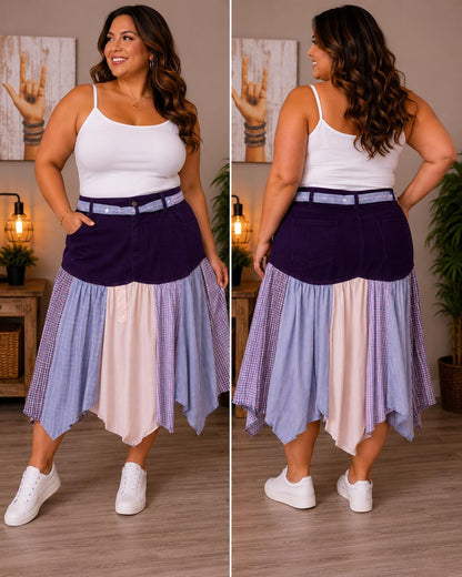 Reworked Denim Skirt | Upcycled Jeans & Mens Shirt Skirt | One-of-a-Kind