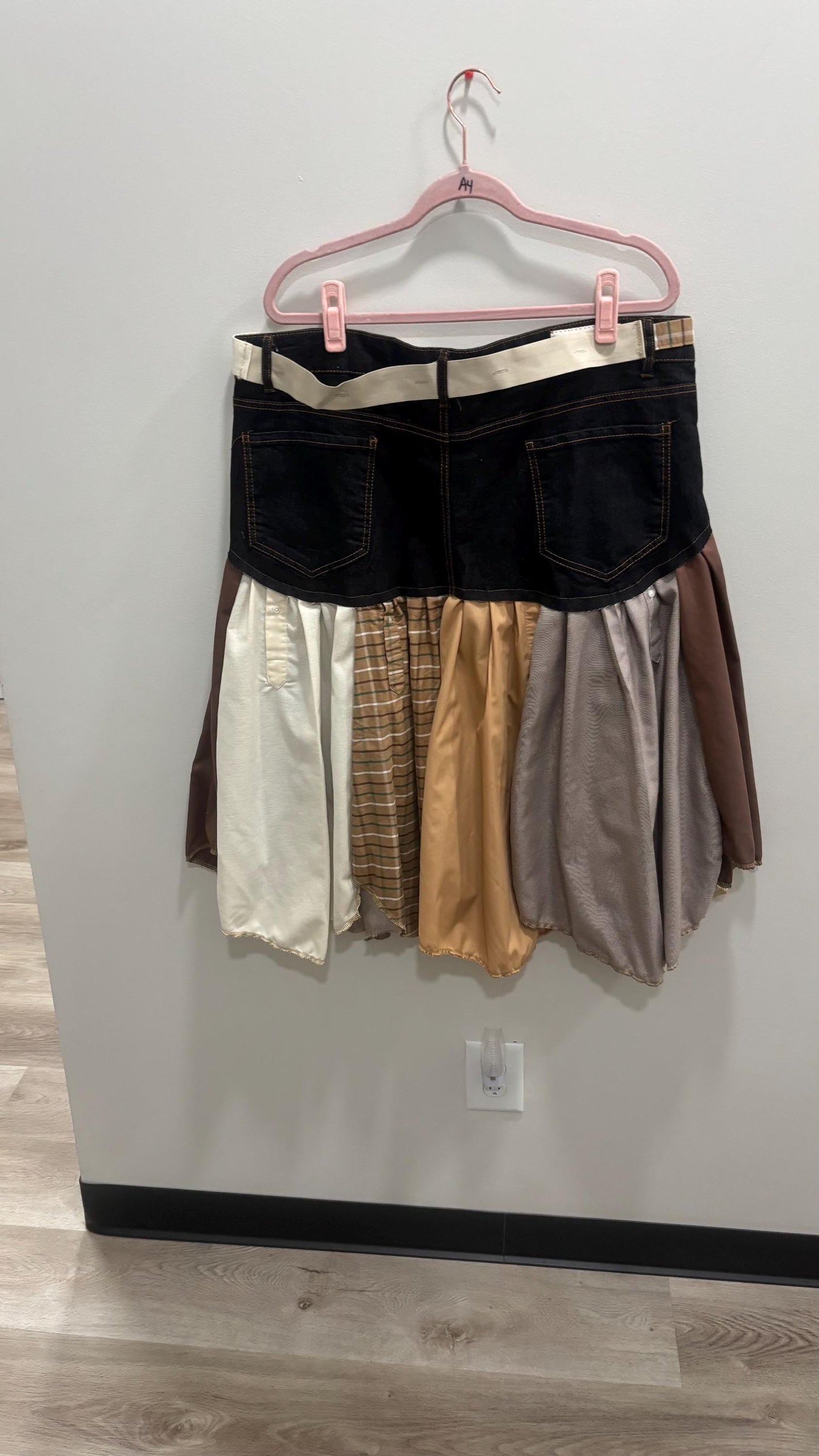 Reworked Denim Skirt | Upcycled Jeans & Mens Shirt Skirt | One-of-a-Kind