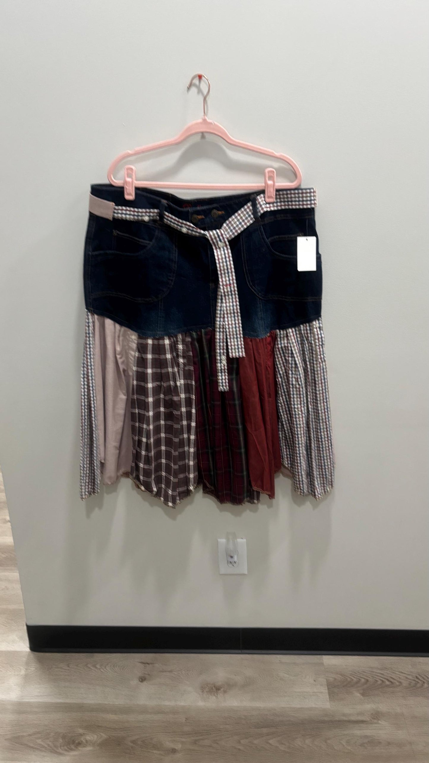 Reworked Denim Skirt | Upcycled Jeans & Mens Shirt Skirt | One-of-a-Kind l