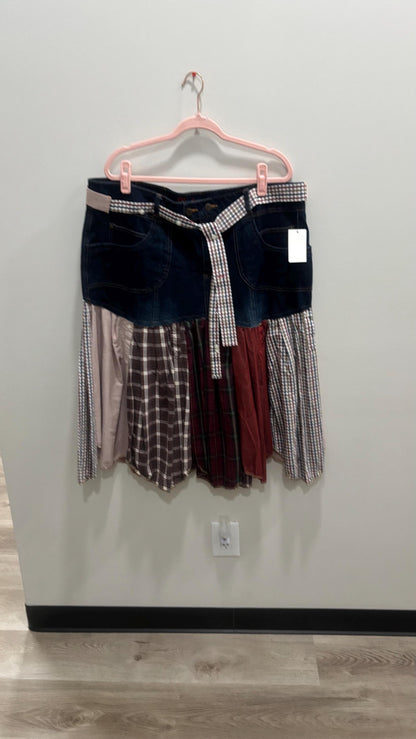 Reworked Denim Skirt | Upcycled Jeans & Mens Shirt Skirt | One-of-a-Kind l