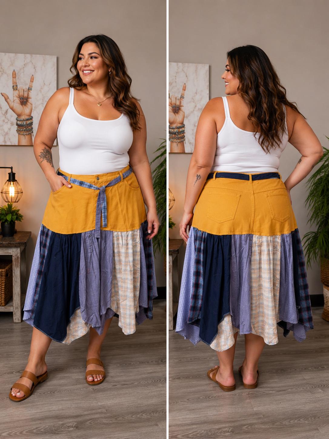 Reworked Denim Skirt | Upcycled Jeans & Mens Shirt Skirt | One-of-a-Kind