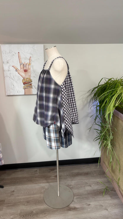 Reversible Upcycled Two Piece Set | Flowy Top, Patchwork Shorts,  Made from Men’s Shirts