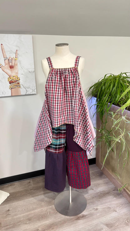 Reversible Patchwork Capri Set | Upcycled Men’s Shirts, Wide Leg Pants, Flowy Top