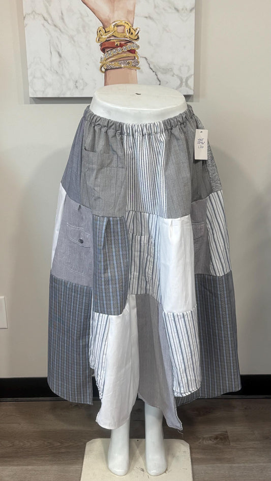 Upcycled Men’s Shirt Patchwork Maxi Skirt | Boho Cottagecore Skirt | One-of-a-Kind Sustainable Fashion