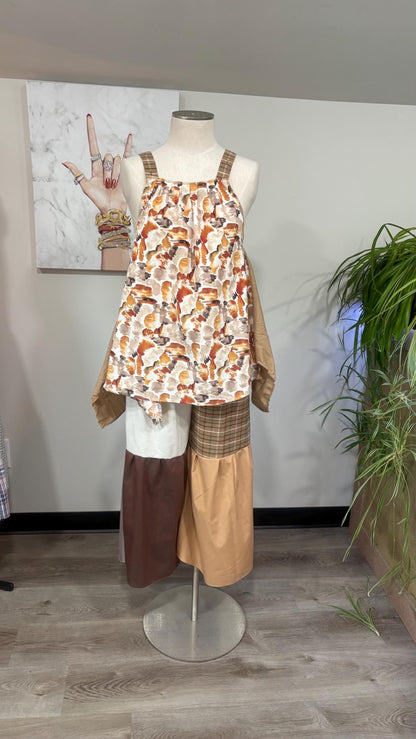 Reversible Patchwork Capri Set | Upcycled Men’s Shirts, Wide Leg Pants, Flowy Top