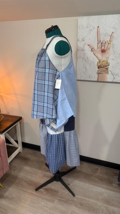 Reversible Patchwork Capri Set | Upcycled Men’s Shirts, Wide Leg Pants, Flowy Top
