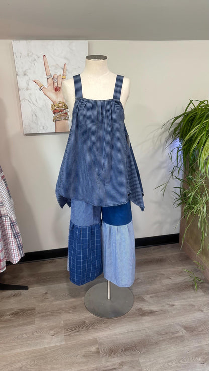 Reversible Patchwork Capri Set | Upcycled Men’s Shirts, Wide Leg Pants, Flowy Top