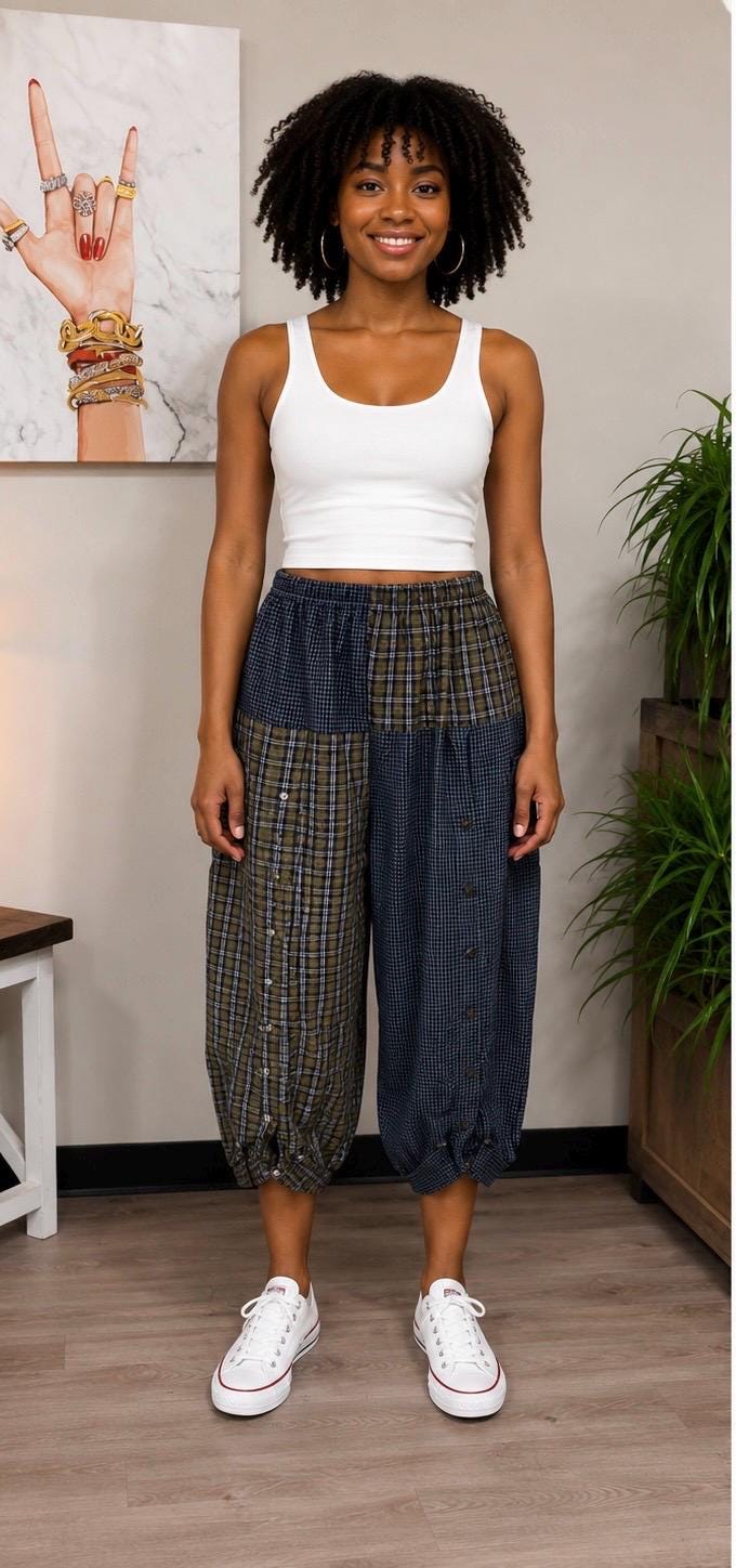 Upcycled Men’s Shirt Balloon Pants | Handmade Boho Pants | Sustainable Lounge Pants | One of a Kind Patchwork Pants